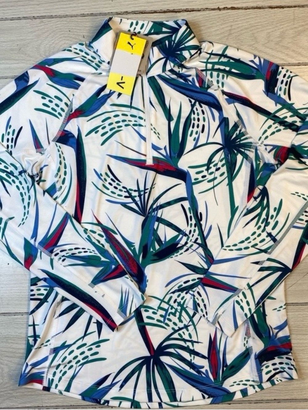 NWT PUMA You-V Paradise 1/4 Zip Golf Top Pullover Floral White Green XS